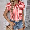 GMXIA Women's Fashion Casual Summer Stripe Print Short Sleeve POLO-Neck Blouses & Shirts