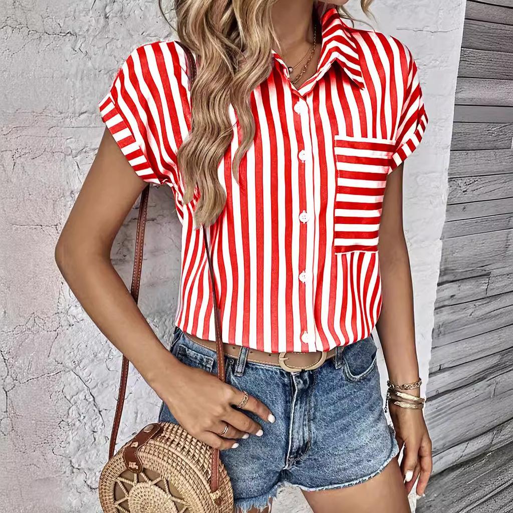 GMXIA Women's Fashion Casual Summer Stripe Print Short Sleeve POLO-Neck Blouses & Shirts