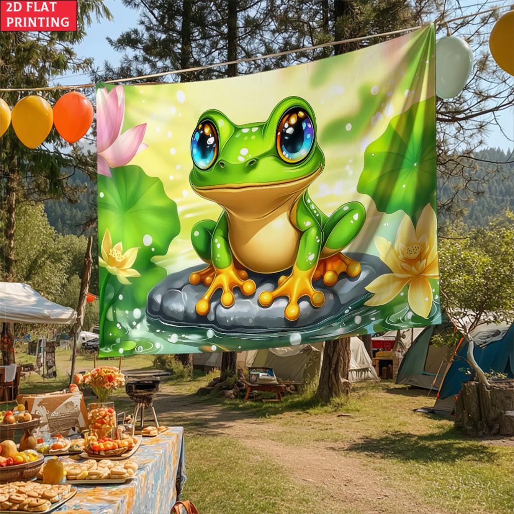 Cute Green Frog Lotus Pond Wall Tapestry Cartoon Animal Nature Garden Decor