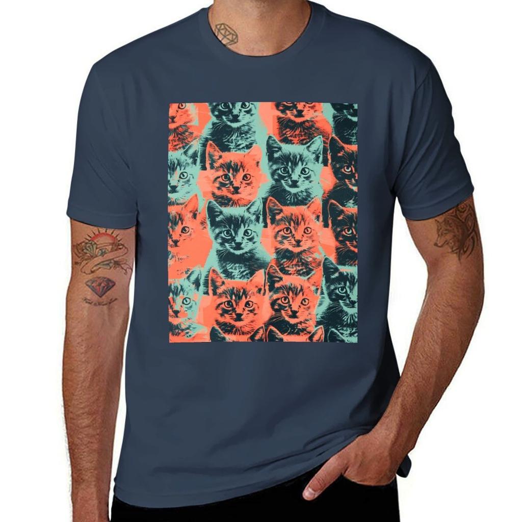 Adorable Vintage Pattern Art Cats Kittens Funny Tshirt Plus Size Summer Short Sleeve Tshirt