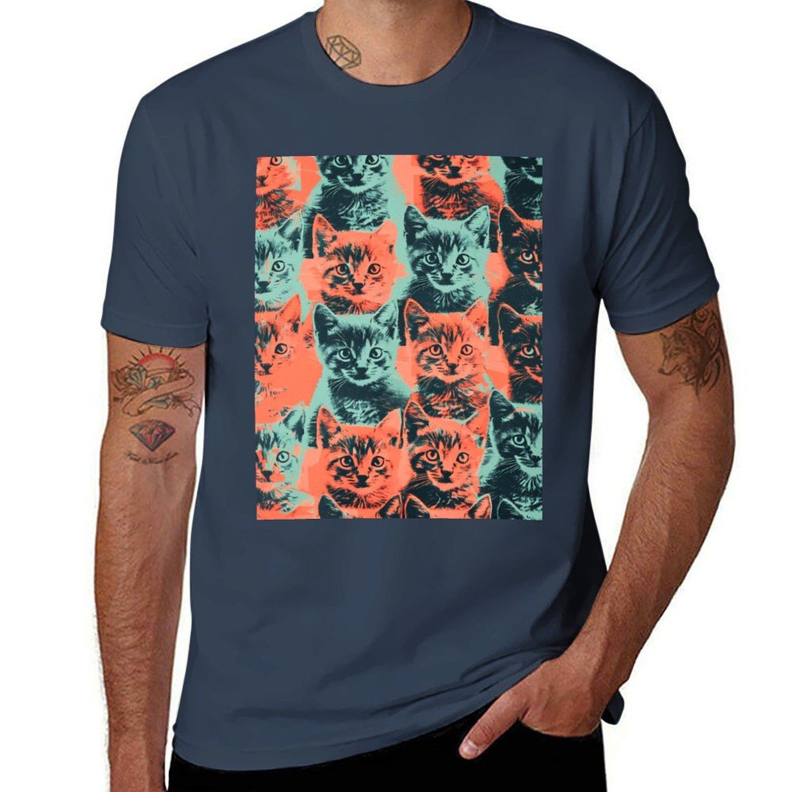 Adorable Vintage Pattern Art Cats Kittens Funny Tshirt Plus Size Summer Short Sleeve Tshirt S