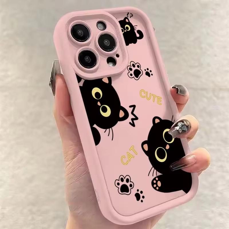 Lovely Black Cat Silicone Case For iPhone 16 15 13 12 11 14 Pro Max Plus 16E 16 Plus SE2 8 7 Plus X XS XR Shockproof Back Covers