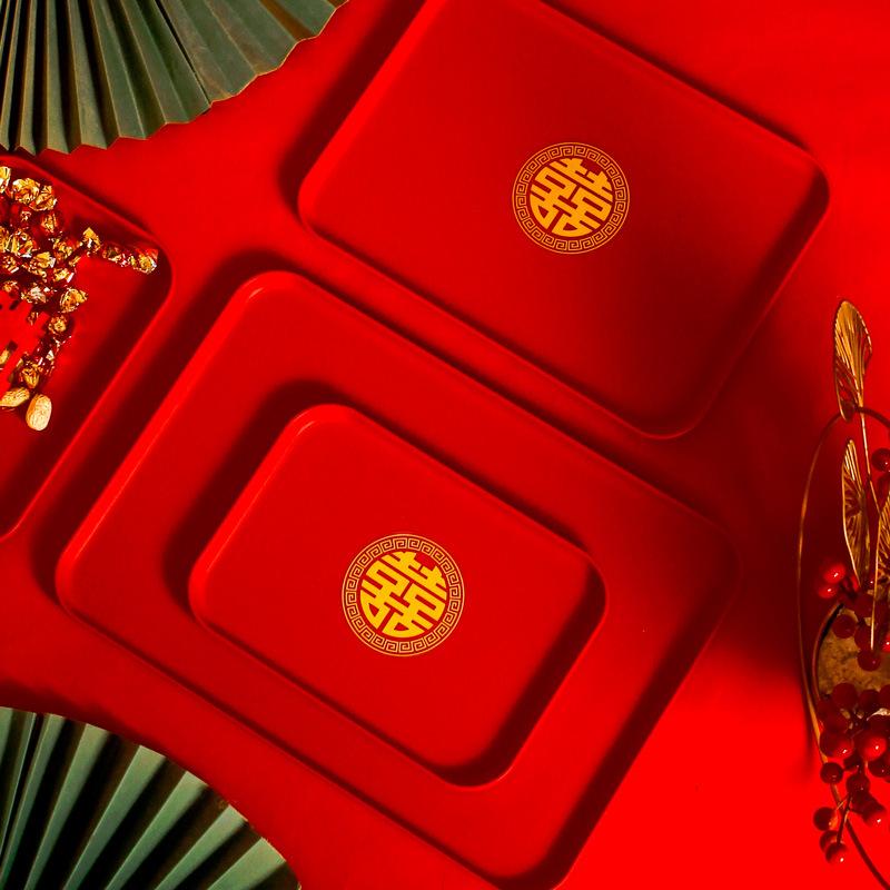 Wedding Fruit Plate, Special Happy Character Dried Fruit Plate For Living Room, Red Happy Plate For Festive Wedding, Tea Toast Tray