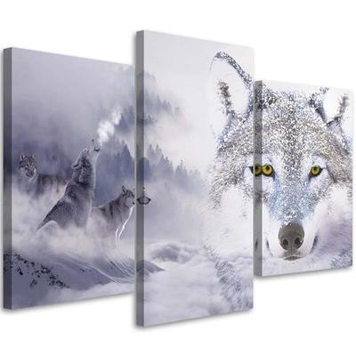 Three Piece Picture Canvas Print Grey Wolf Cloud Forest Mountains