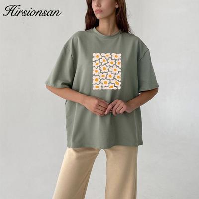 Hirsionsan Little Daisy Print T Shirt Women New Basic 100% Cotton Summer Tops for Girl Korean Sweet Short Sleeve Female Tee