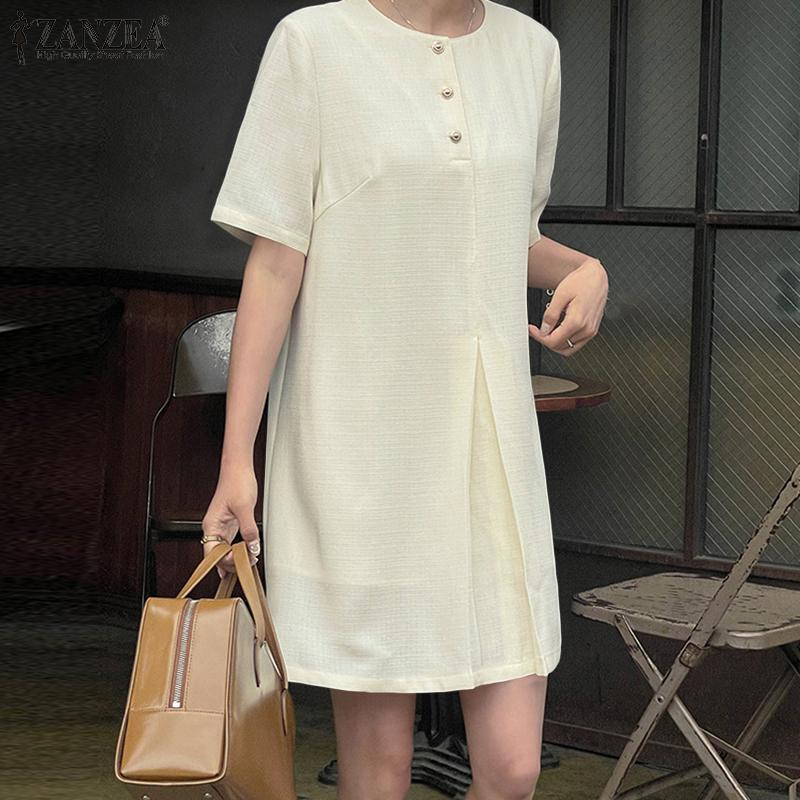 

ZANZEA Женское повседневное свободное летнее платье с круглым вырезом и короткими рукавами