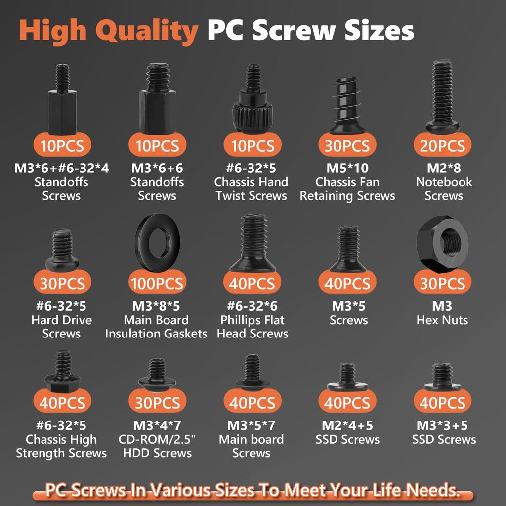 510PCS Computer Screws Assortment Kit, Carbon Steel Black Zinc Plated Motherboard Standoffs Screws PC Screws for HDD, SSD Hard Drive Fan, Power