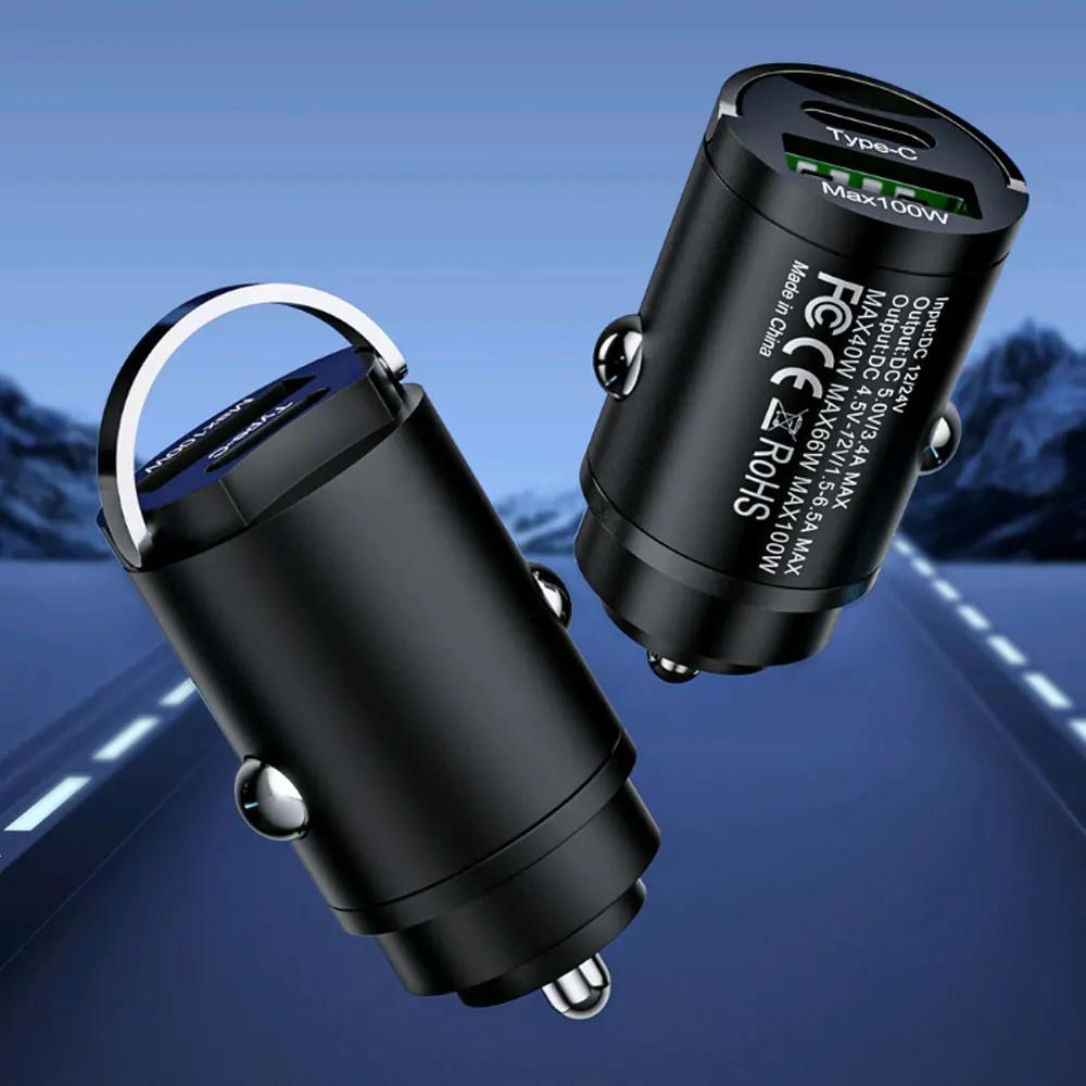 1Pc Mini 100W USB Car Charger Type C QC3.0 PD Car Chargers Fast Charging Car Phone Charger For Iphone Samsung Huawei Xiaomi