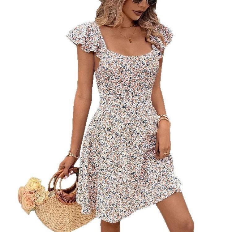 Zomer Dames Casual Bloemenprint Rugloze Bandage Eendelig Jurkje Korte Mouw