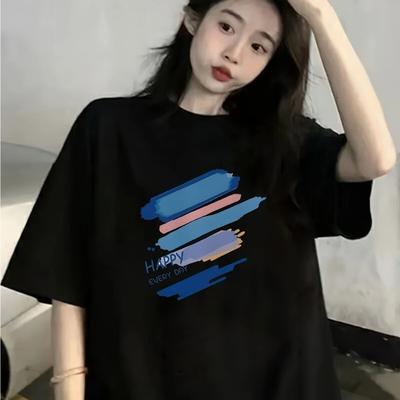 Regular Size Women's Short Sleeve T-Shirt- Simple Geometric Pattern Round Neck Loose Fit Casual Top,