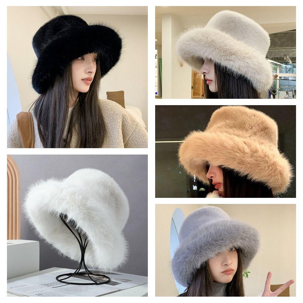Harajuku Fluffy Fur Fisherman Hat Imitation Fur Luxury Plush Hat Retro Winter Fluffy Hat  Outdoor