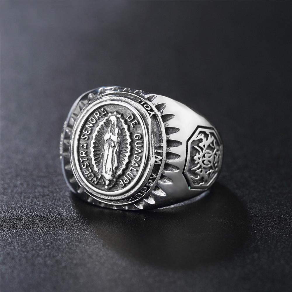 Vintage Silver Virgin Ring Bicycle Blessing Religious Ring Men's Talisman Jewelry Gift