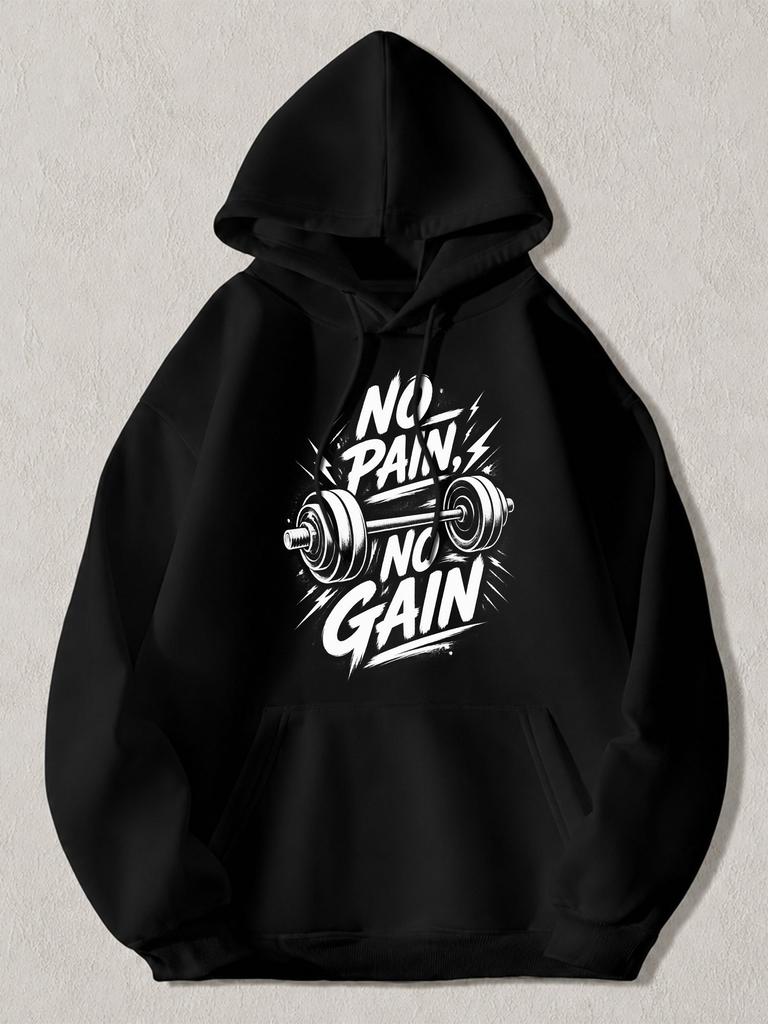Black Pullover Hoodie with No Pain No Gain Barbell Graphic Unisex Streetwear Sweatshirt for Gym Workout and Fitness Training Casua