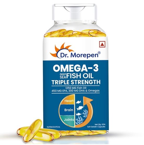 

Dr. Morepen Omega-3 Fish Oil (60 Capsules) | 1250mg Triple Strength Fish Oil Softgel Capsules (450mg EPA & 300mg DHA) | For Joint & Heart Health