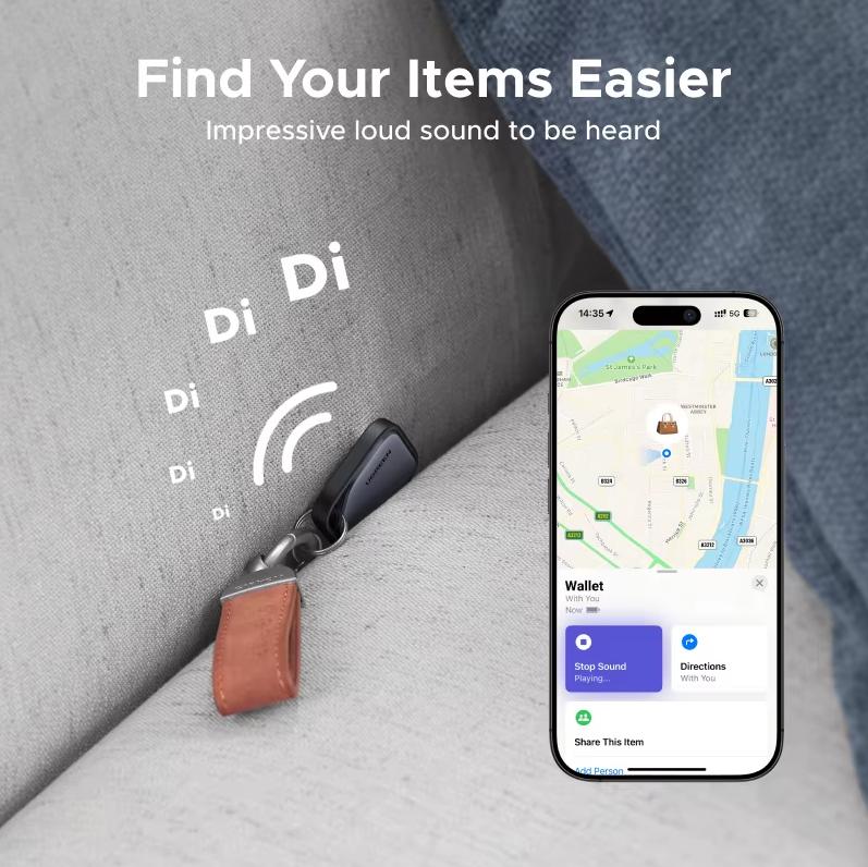Ugreen SmartTag okos helymeghatározó akasztó modell CM816 fekete FMN tanúsítvánnyal gombelemmel 24 hónapos készenléti idővel