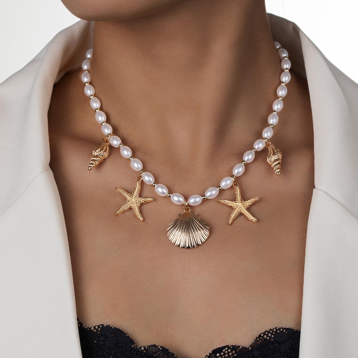 

Bohemian style alloy conch scallop starfish tassel necklace imitation pearl bead summer beach choker necklace