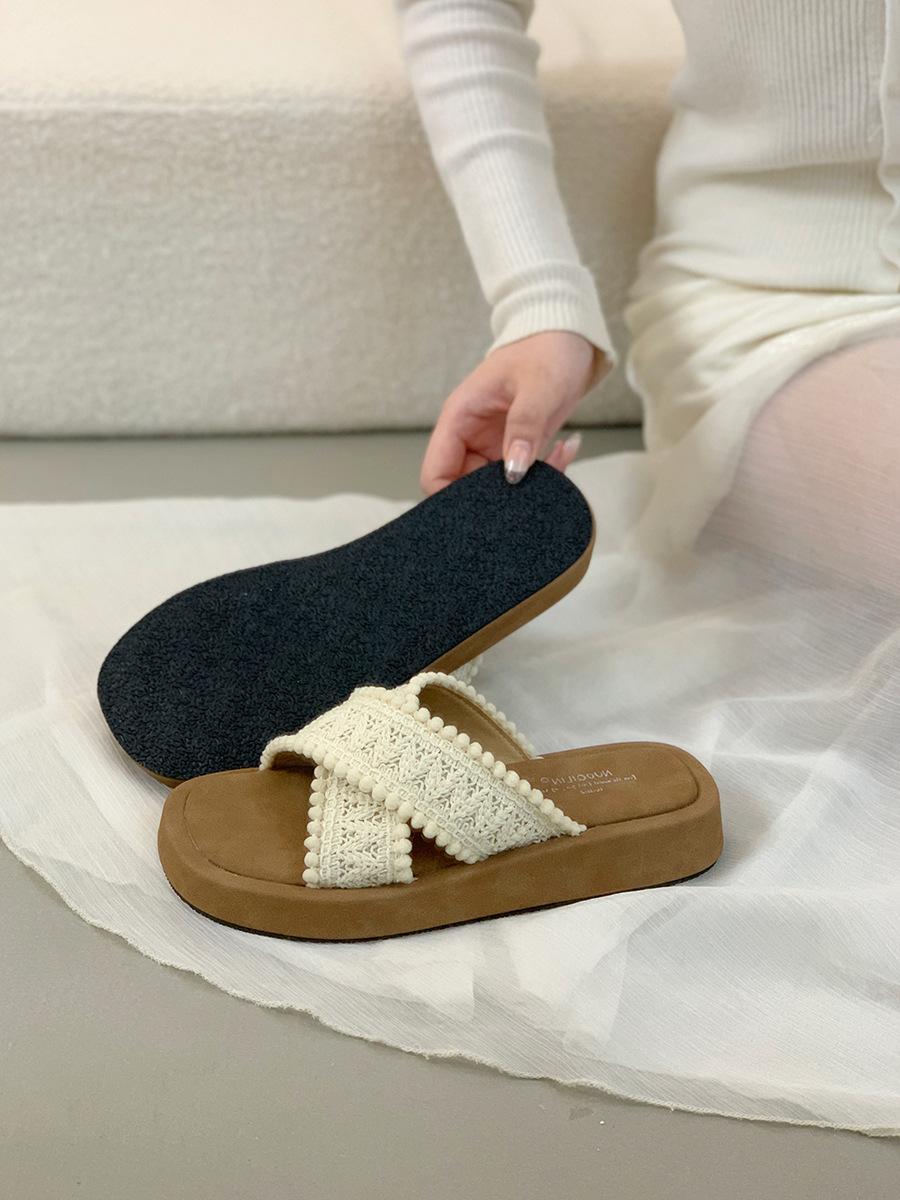 

Thick-soled cross-strapped knitted slippers women s outer wear summer retro niche Boken shoes open-toed beach vacation cool slippers 40 абрикосовый