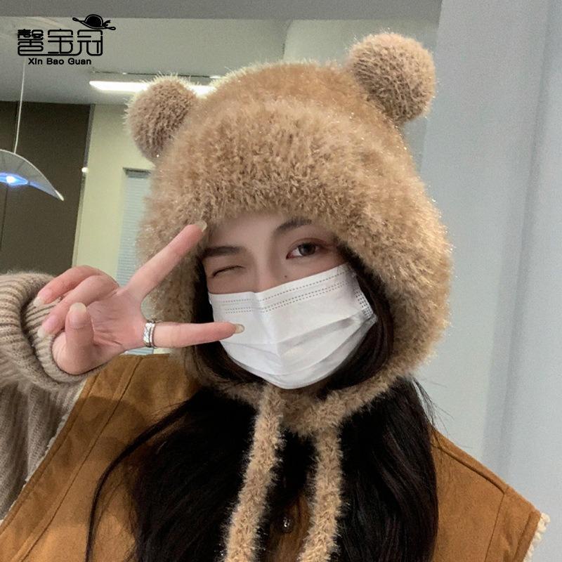 Winter cute bear plush hat women's windproof ear protection knitted wool hat to keep warm and cold and show a small face