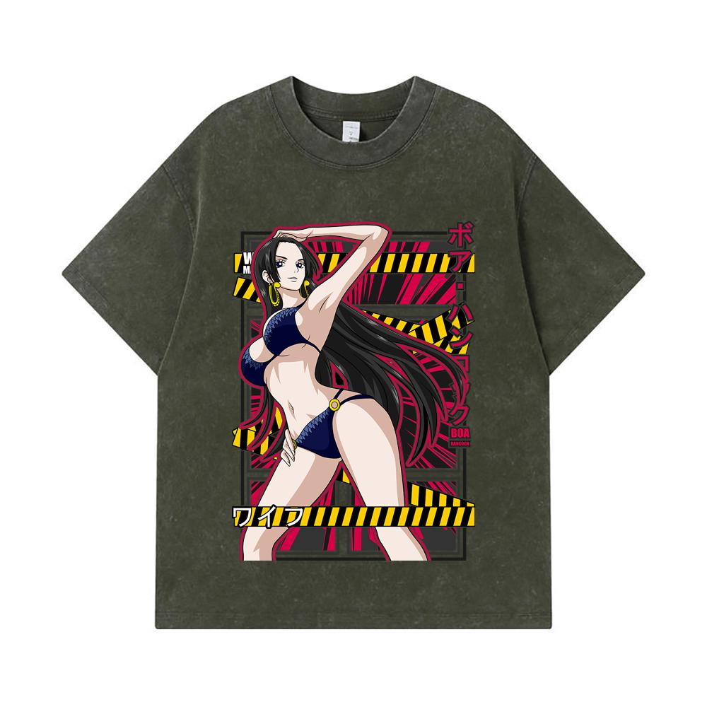 

275 GSM Washed T-shirts 100% Cotton One Piece V39 Boa Waifu Print Unisex Heavy Cotton T Shirt S армия зеленый