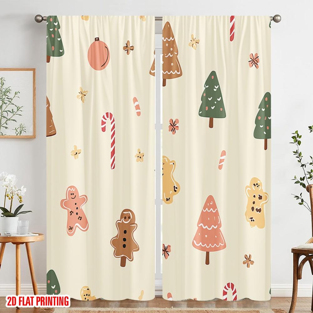2pcs,2D Plane Printing Window Curtain Christmas Trees Gingerbread Candies SnowGlobe 100% Polyester (without Rod) Holiday Use for