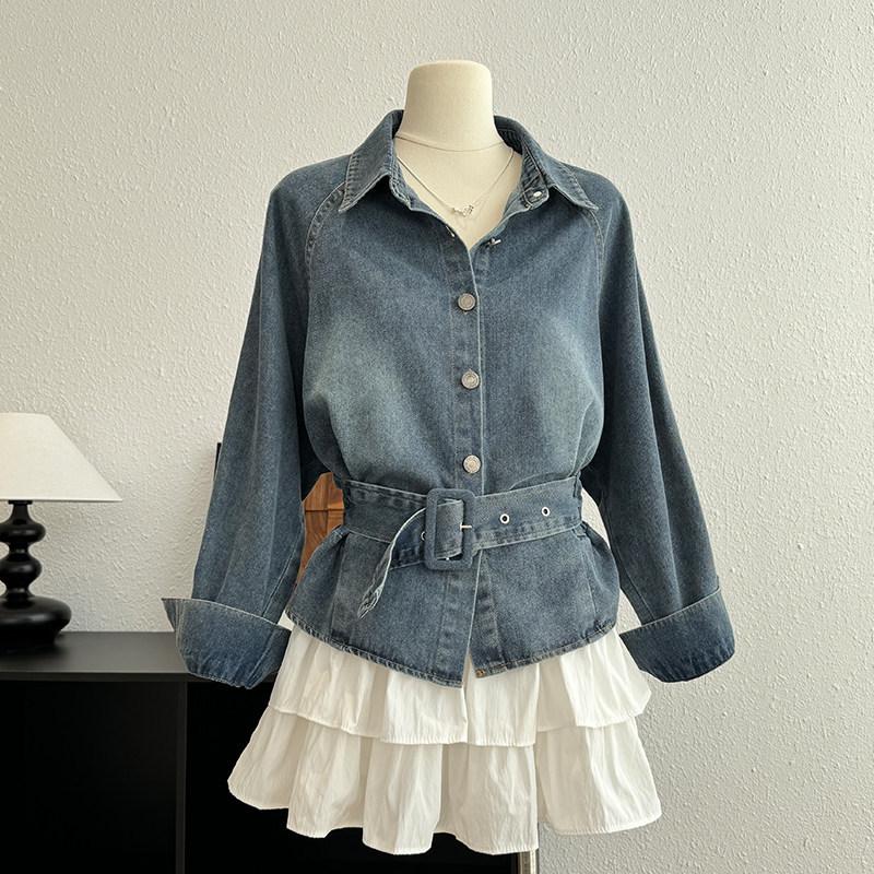 Women's Retro Denim Jacket: Lace-Up Waist, Collar, Long Sleeves, Short Loose Fit, Spring Style.