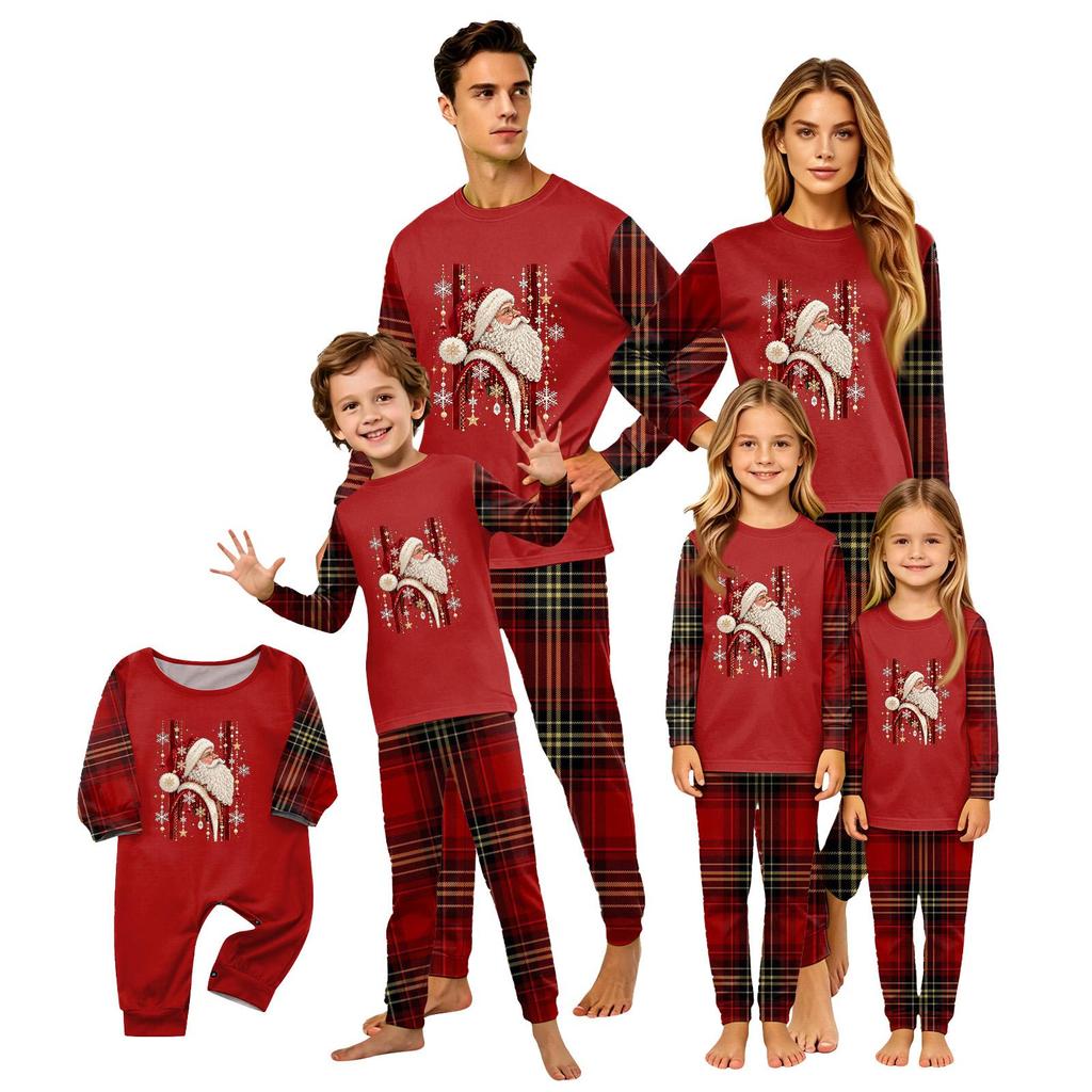 Christmas-print long-sleeve and long-pant matching family loungewear set