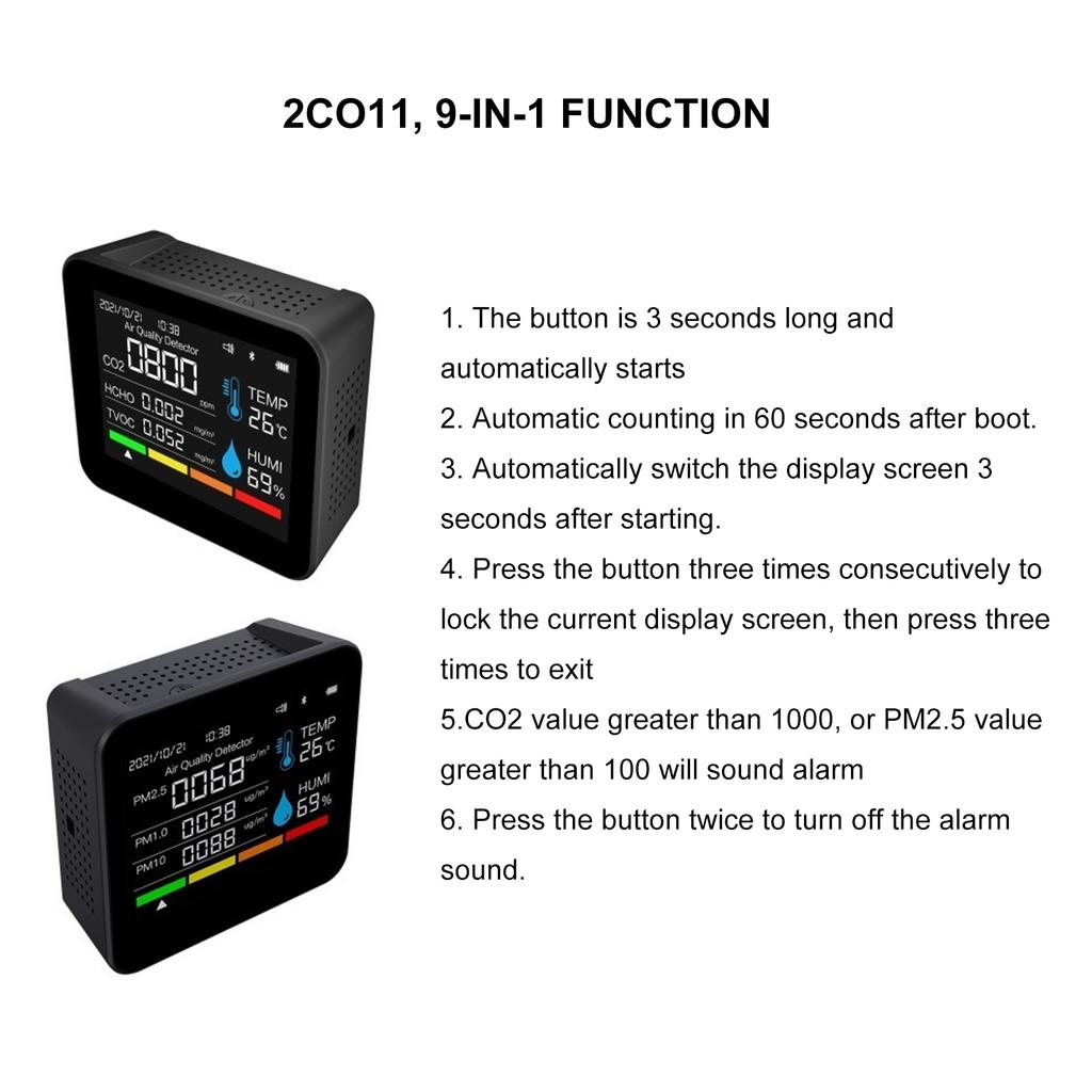 9 in 1 Innenraumluftqualitätsmonitor Tragbarer PM2.5 PM10 CO2 Detektor mit Temperatur Luftfeuchtigkeit Formaldehyd TVOC Anzeige