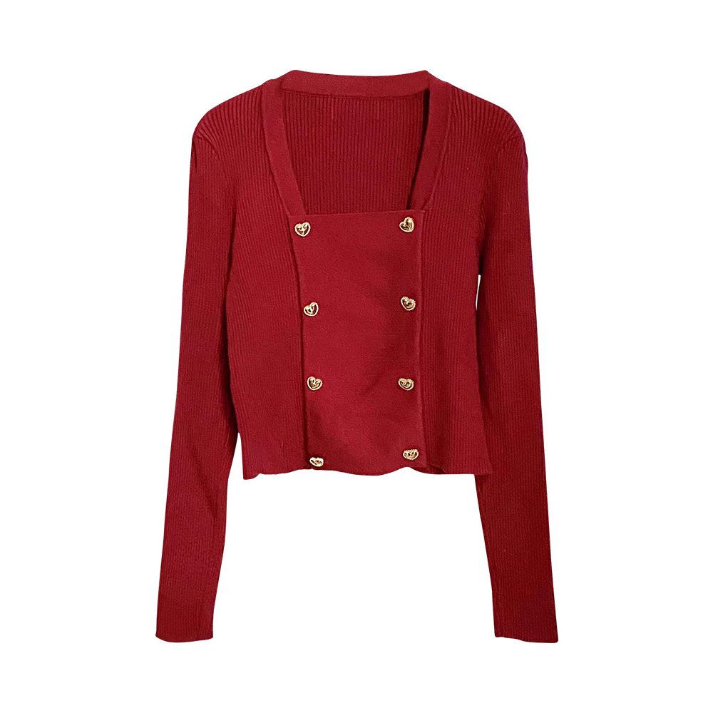 Red Sweater Inner Sweater Women's Autumn New Versatile Square Neck Knitted Sweater