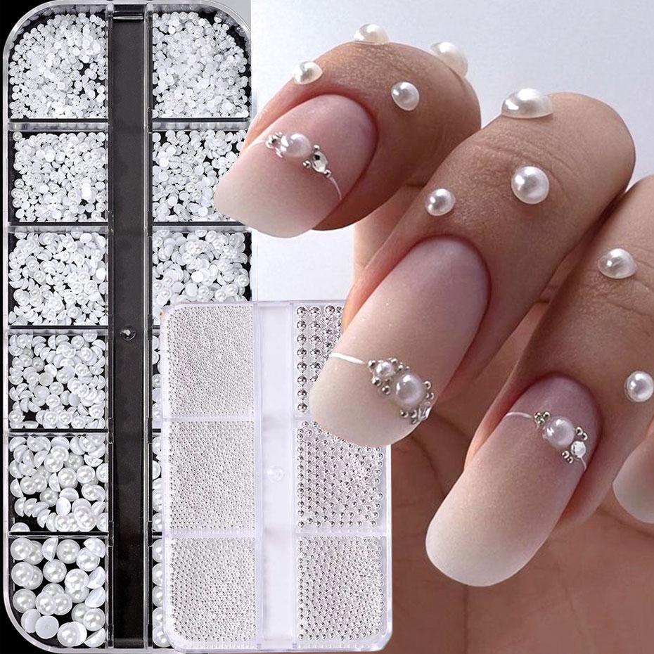 2Boxes 12grids White Pearls Nail Rhinestones & 6grids 0.8-3mm Silver Metal Caviar Beads Nail Gems Resin Nail Decorations YT89