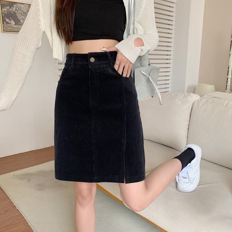 Corduroy Midi Skirt for Women In Autumn and Winter Long and Mid Length Split A-line Skirt, Plus Size, Fat, Hip Hugging, Short Skirt