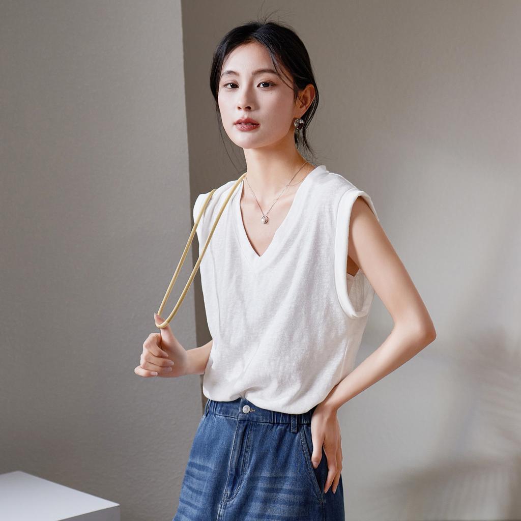Simple Commuting V-Neck Sleeveless Vest T-Shirt for Women
