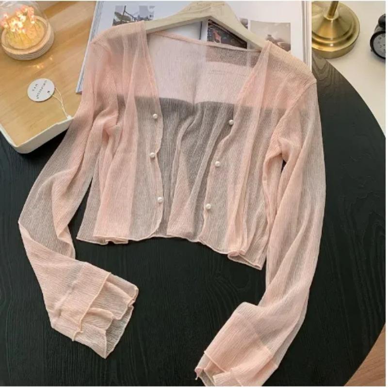 Cardigan de vară pentru femei, din șifon transparent, cu nasturi, cu mânecă lungă, crop top