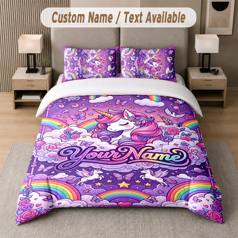 Unicorn Theme Custom Text Or Name 3Pcs Bedding Set 1 Flat Sheet & 2 Pillowcases Personalized Home Bedding