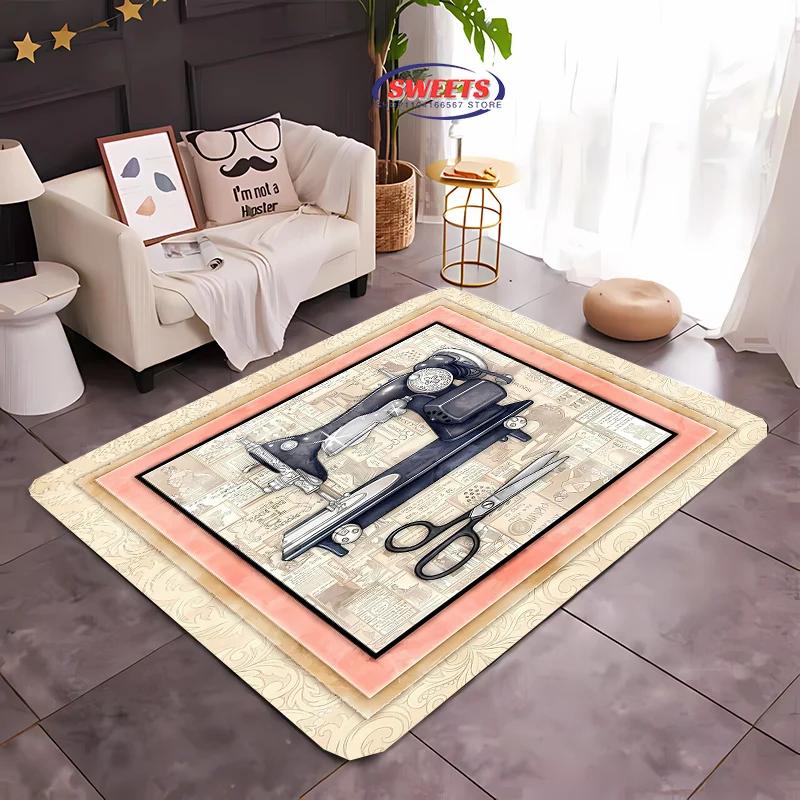 3D HD Printing Vintage Sewing Machine Carpet Multi-Size Optional Living Room Bedroom Office Large Area Mat Machine Washable Rug