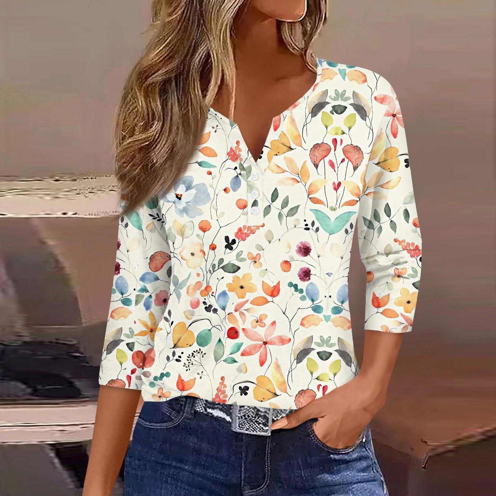 

Жен. Футболка Футболка С принтом Пуговицы Рукав 3/4 Повседневные Выходные Мода Классический Классический V-образный вырез Обычный Верх M золотой