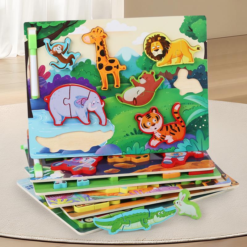 

Montessori 2-in-1 Jigsaw & Drawing Board: Educational 3D Wooden Double-Sided Toy
