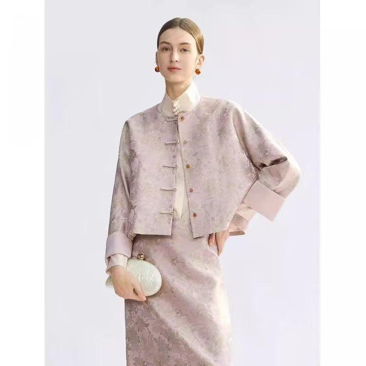 Lang Jia Women s Pink Jacquard Short Jacket - 2026 New Chinese Style Spring Collection M