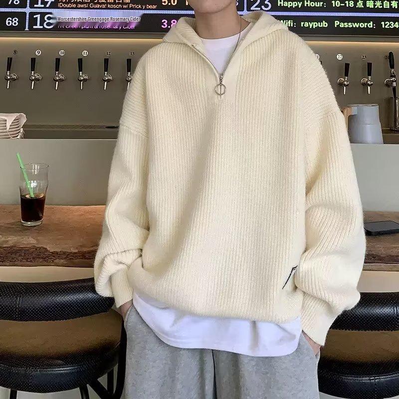 Men s Winter Half-Zip Hooded Sweater – Casual Loose Knit, Solid Color, Trendy Style XL