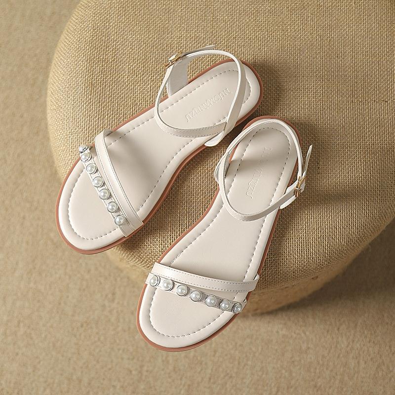 Fashion Pearl Rivets Flat Sandals Women Ankle Strap Gladiator Sandalias Narrow Band Summer Beach Shoes Sandalias De Mujer Verano 2025