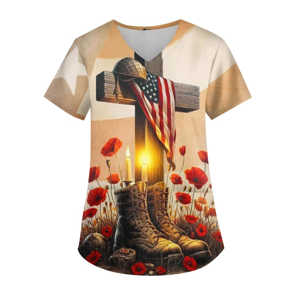 Ladies' Independence Day Printed Fashionable V-neck Pocket Short Sleeved Uniform and Caregiver Top