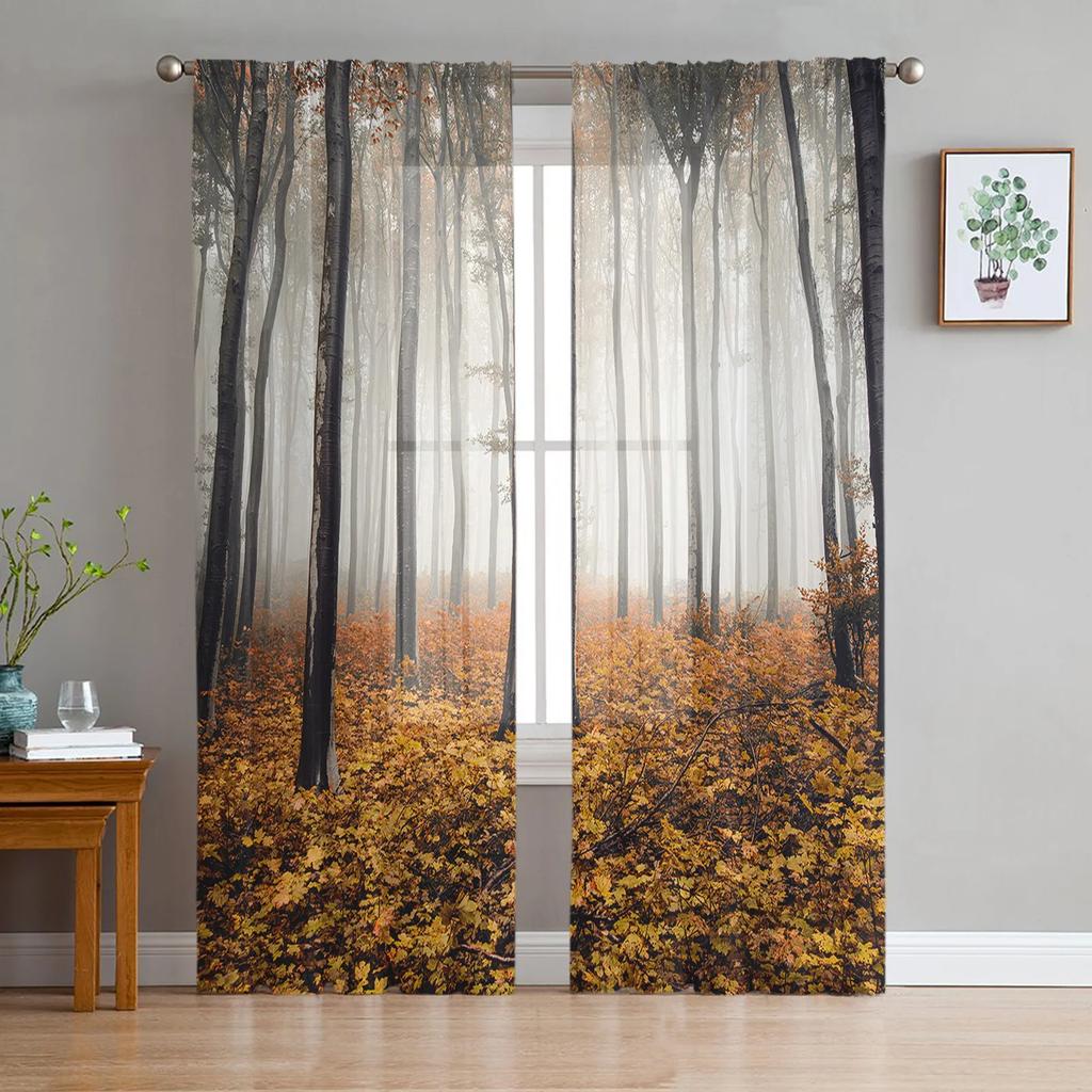 Maple Leaf Autumn Forest Landscape Tulle Curtains Living Room Bedroom Decoration Voile Window Party Drapes Curtain Sheer Polyester Ideal For Area