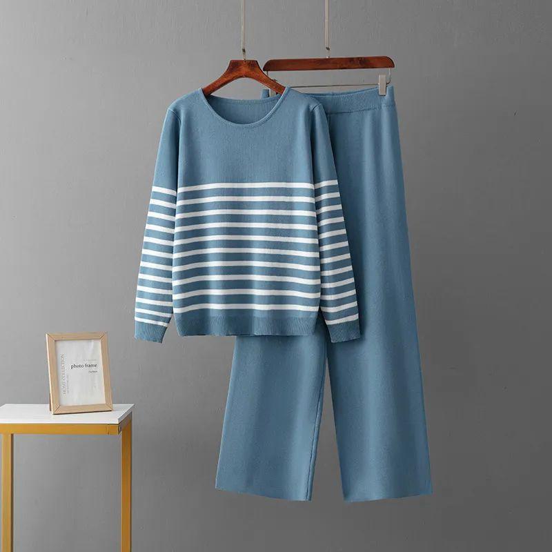 2025 Spring and Autumn New Casual Fashion Set Fashionable Age-Reducing Striped Knitted Top Wide-Leg Trousers Two-piece Set Women