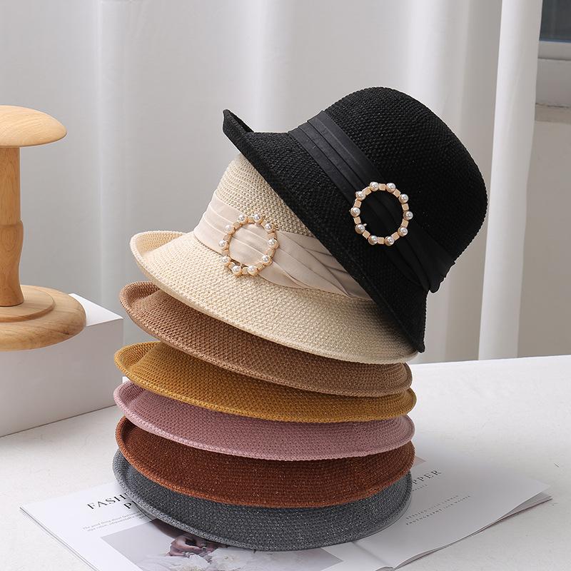 New Pearl Women's Sun Hat Breathable Refreshing Hat Summer Travel Sunscreen Sun Ribbon Decoration Foldable Straw Hat Gift