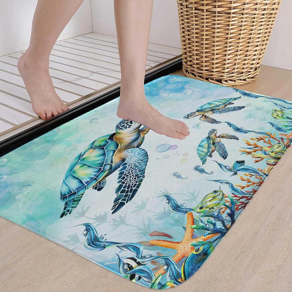 Watercolor Sea Turtle Blue Bathroom Rugs, Nautical Marine Animals Underwater Sea World Bath Rugs, Cute Bath Mats for Bathroom Shower Floor Decor, 17
