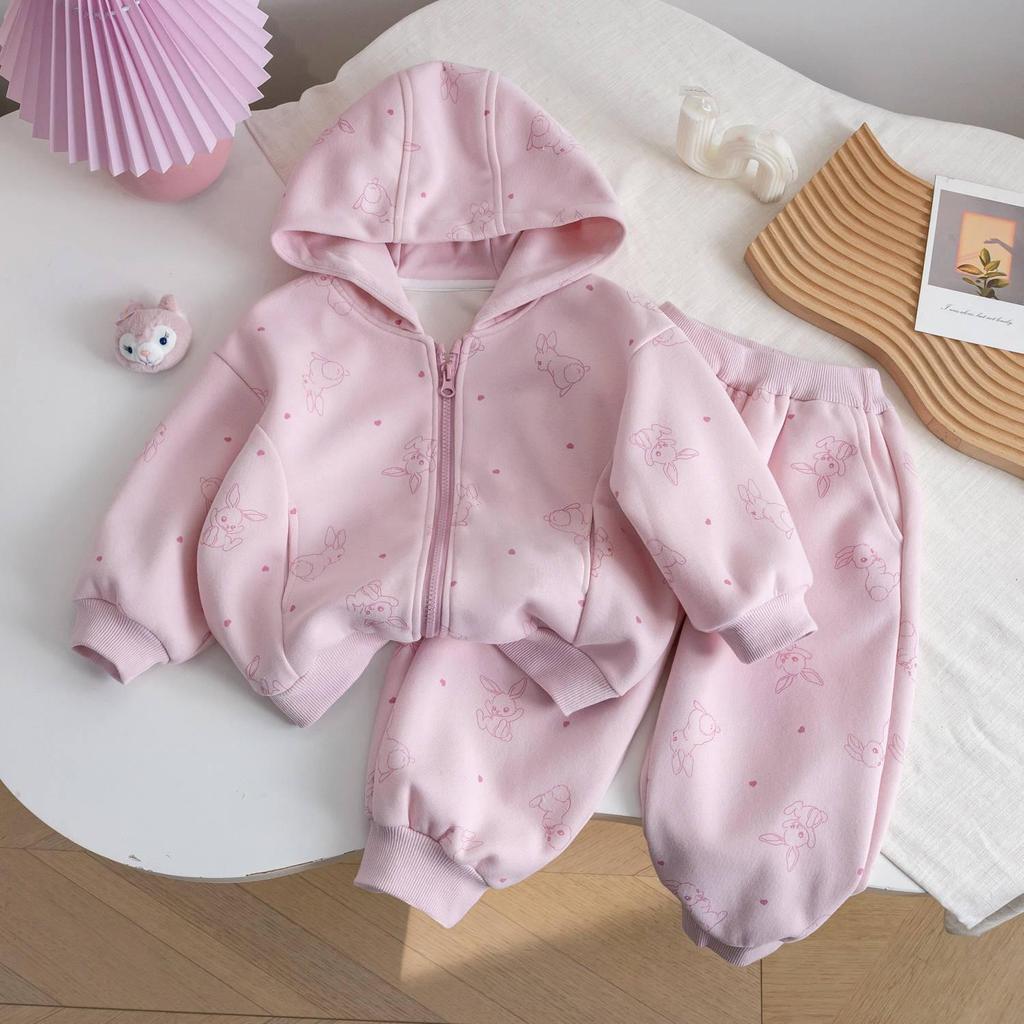 Mori-Style Korean Autumn Rabbit Ear Lace Hooded Sweatshirt & Pants Set for Baby Girls