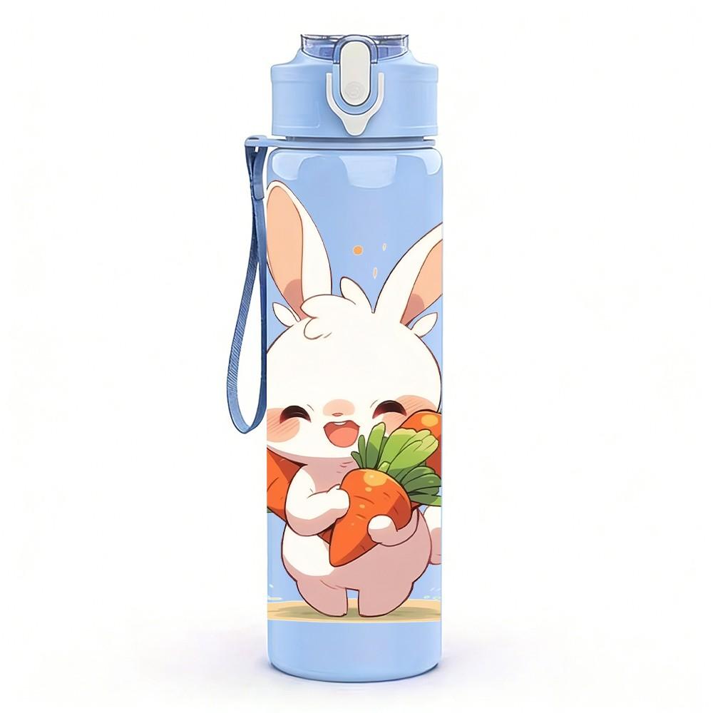 1PC Bunny Holding Flower Bouquet Print 750ml Color Plastic Sports Water Bottle Leakproof Flip Straw Lid Suitable for Sports Office Home Use