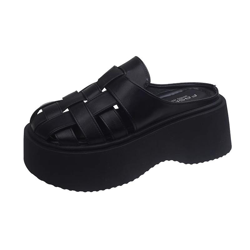 French woven baotou half slippers women's shoes spring and summer 2025 new muffin thick-soled hollowed-out versatile Roman sandals