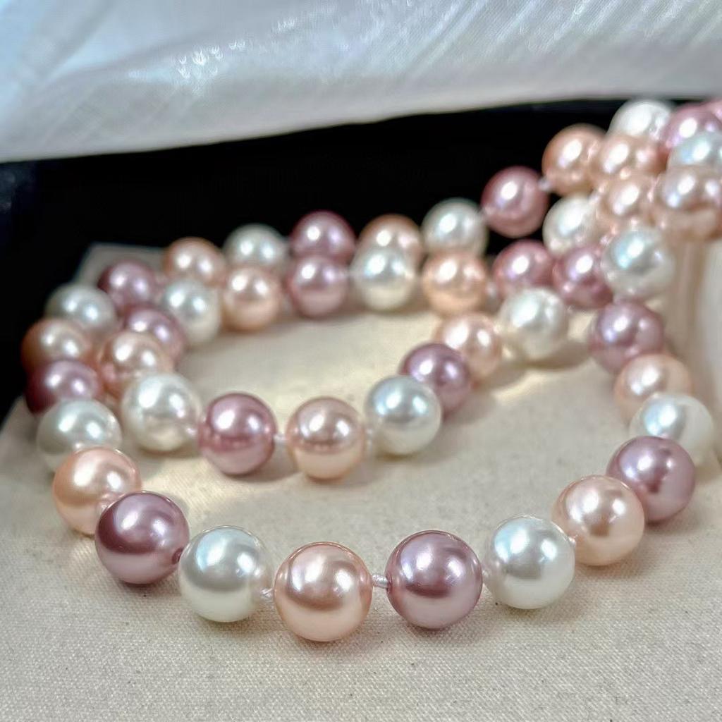Collar de Perlas Artificiales de 10 mm Vintage de Alta Calidad, Alto Brillo, Color Rosa Cálido Púrpura Maillard, Cadena para Suéter