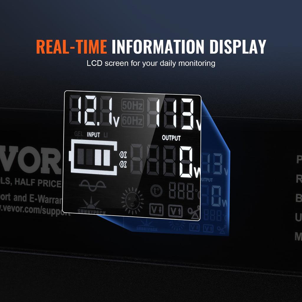 VEVOR Modified Sine Wave Inverter, 3000Watt, DC 12V To AC 230V LCD Display Power Inverter with 3 AC Outlets 2 USB Port 1 Type-C Port 10 Spare Fuses