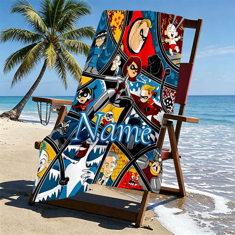 Custom Name Personalized Incredibles Print Beach Towel, for Trip Camping Beach Party Home Decor, Birthday Gift for Family & Friends